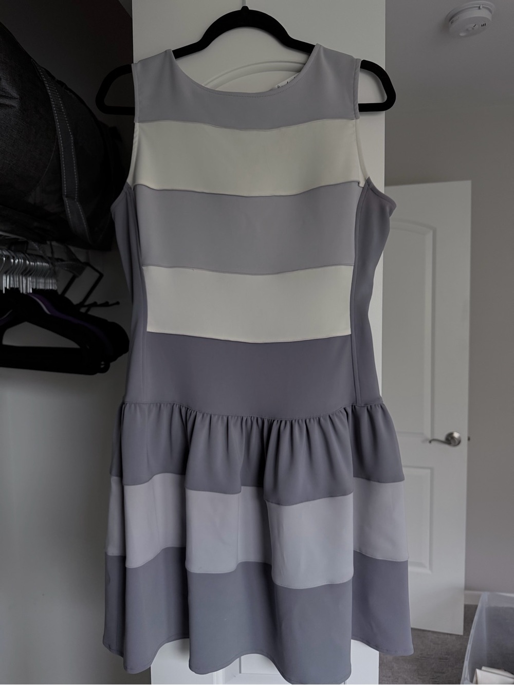Badgley Mischka Sleeveless Striped Peplum Dress in Gray and Cream